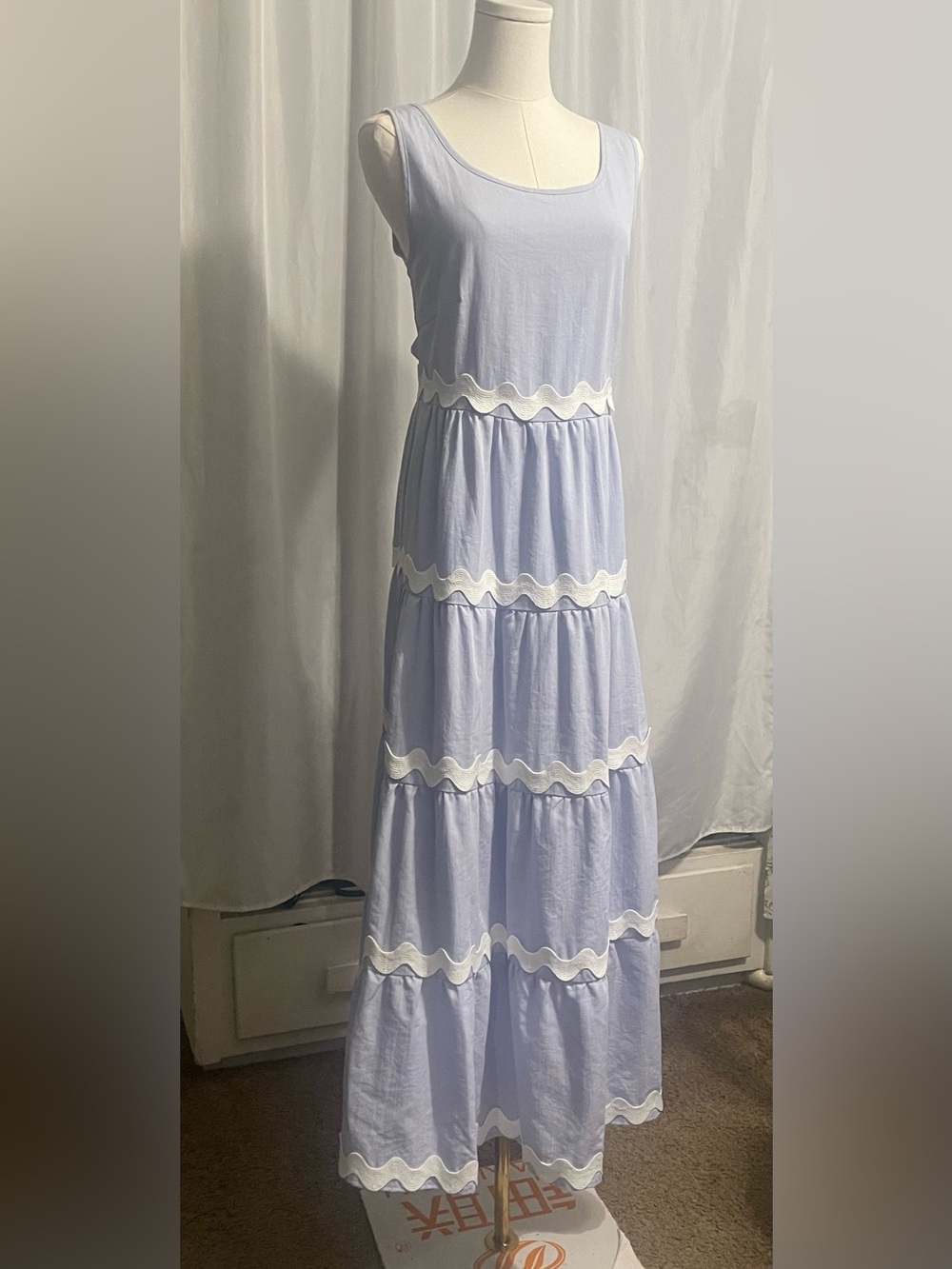 Sleeveless light blue Maxi Dress with White Scallop Trim - Picture 4 of 10